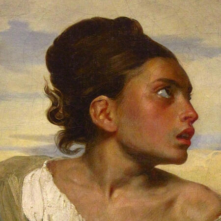 A circular cropped photo of Eugene Delacroix's Orphan Girl at the Cemetery.